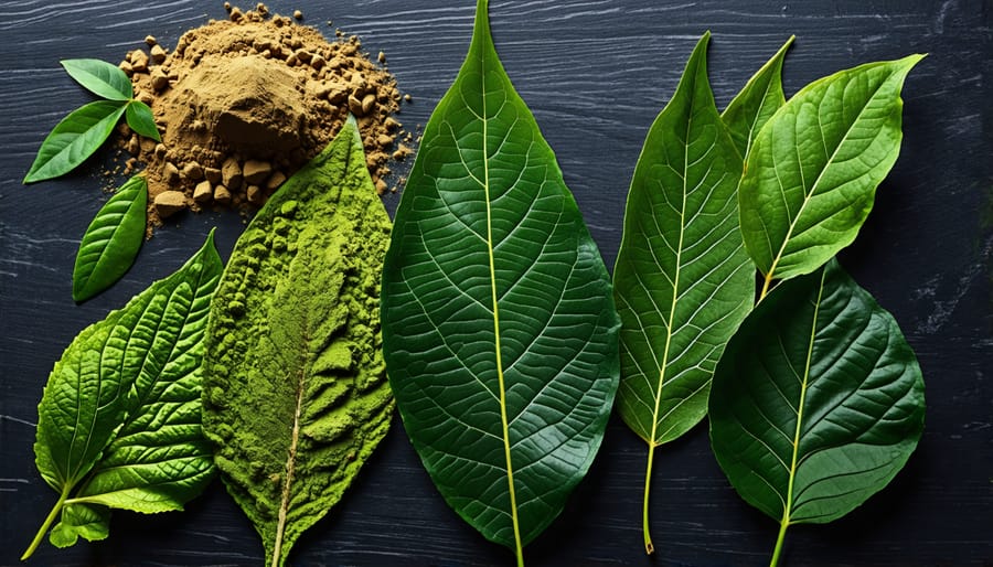 Selection of kratom leaves and powders showcasing their natural forms