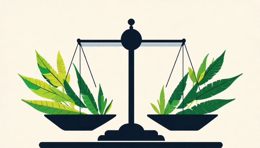 Scales of justice balanced with kratom leaves symbolizing legal discourse