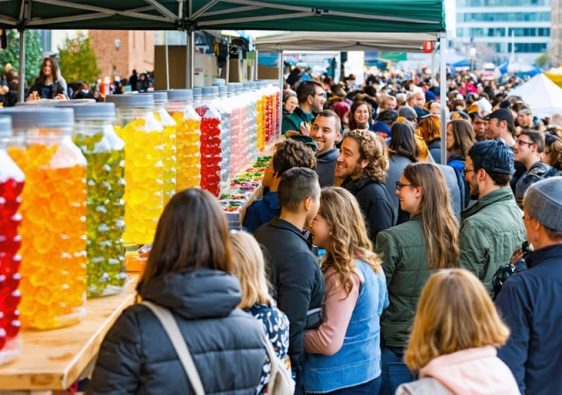 People at a lively Edmonton market exploring a range of colorful CBD gummies with city landmarks in the background, showcasing the city's dynamic cultural and wellness scene.