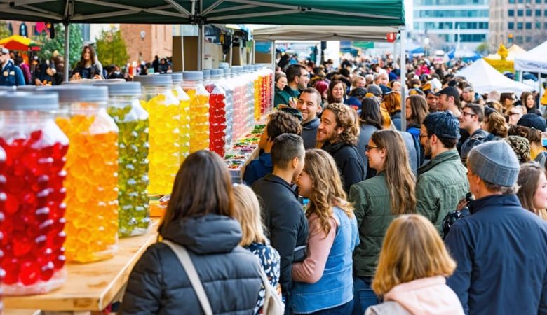 People at a lively Edmonton market exploring a range of colorful CBD gummies with city landmarks in the background, showcasing the city's dynamic cultural and wellness scene.