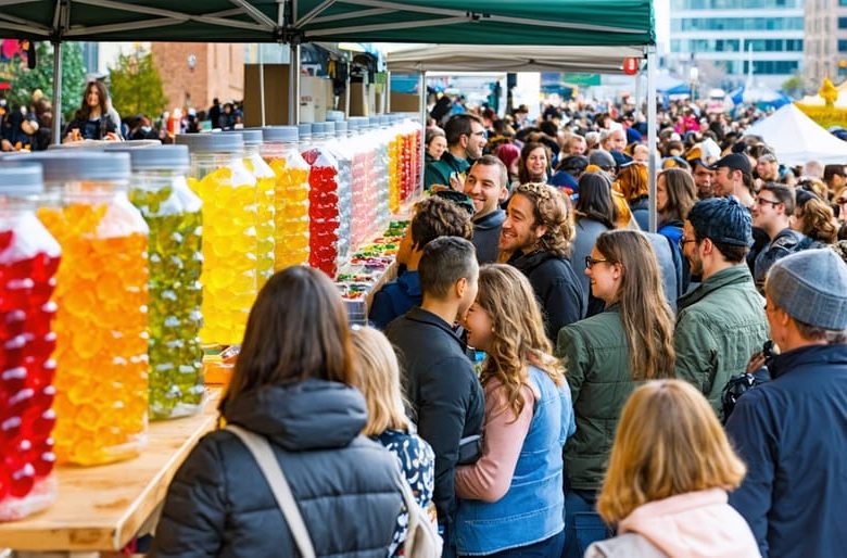 People at a lively Edmonton market exploring a range of colorful CBD gummies with city landmarks in the background, showcasing the city's dynamic cultural and wellness scene.