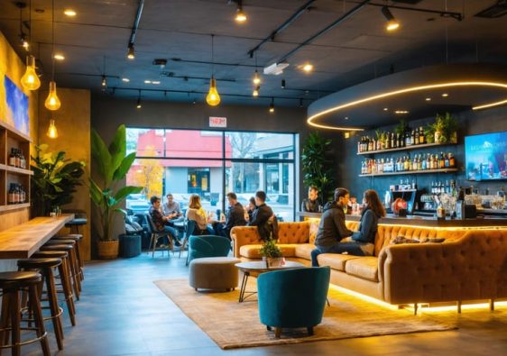 A welcoming interior of an Edmonton vape lounge with people conversing and enjoying e-liquid flavors in a cozy, ambient setting.