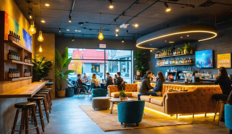 A welcoming interior of an Edmonton vape lounge with people conversing and enjoying e-liquid flavors in a cozy, ambient setting.