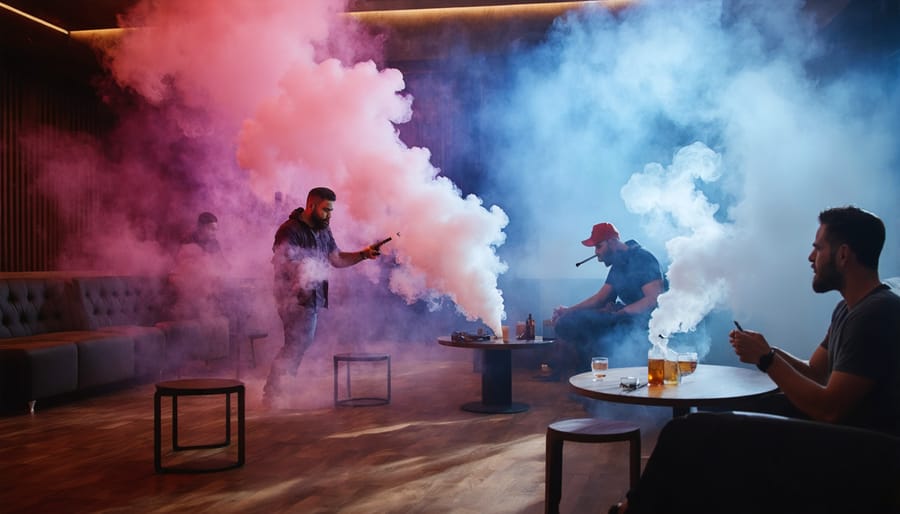 Participants in a vaping competition creating large vapor clouds in a lounge