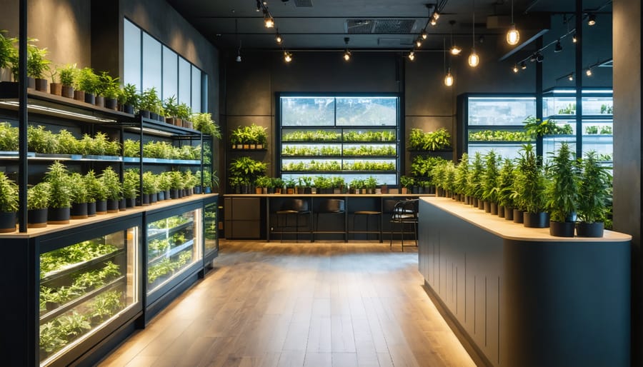 Interior view of a modern cannabis retail store with professional displays and educational materials