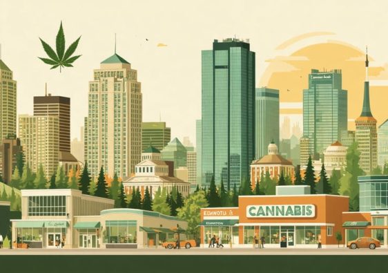 An illustration of Edmonton's cannabis tourism scene, featuring modern dispensaries, cannabis-friendly lounges, guided tours, and cultural events within the city.