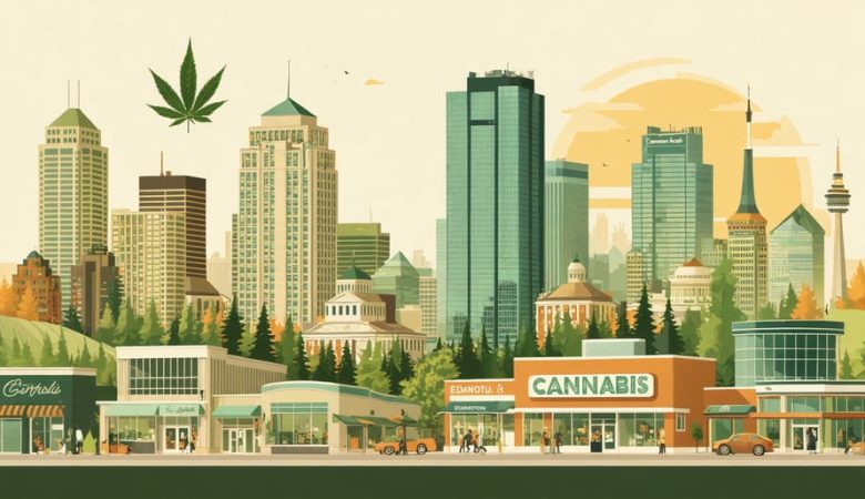 An illustration of Edmonton's cannabis tourism scene, featuring modern dispensaries, cannabis-friendly lounges, guided tours, and cultural events within the city.