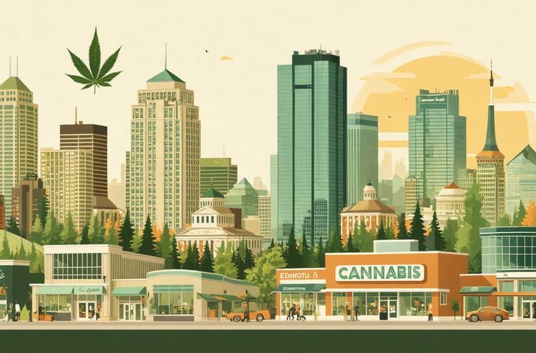 An illustration of Edmonton's cannabis tourism scene, featuring modern dispensaries, cannabis-friendly lounges, guided tours, and cultural events within the city.